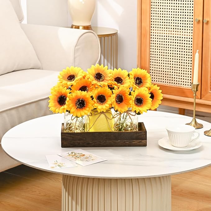 BLEUM CADE 3Pcs Mason Jar with Artificial Flowers Wood Tray and Light | - Image 6