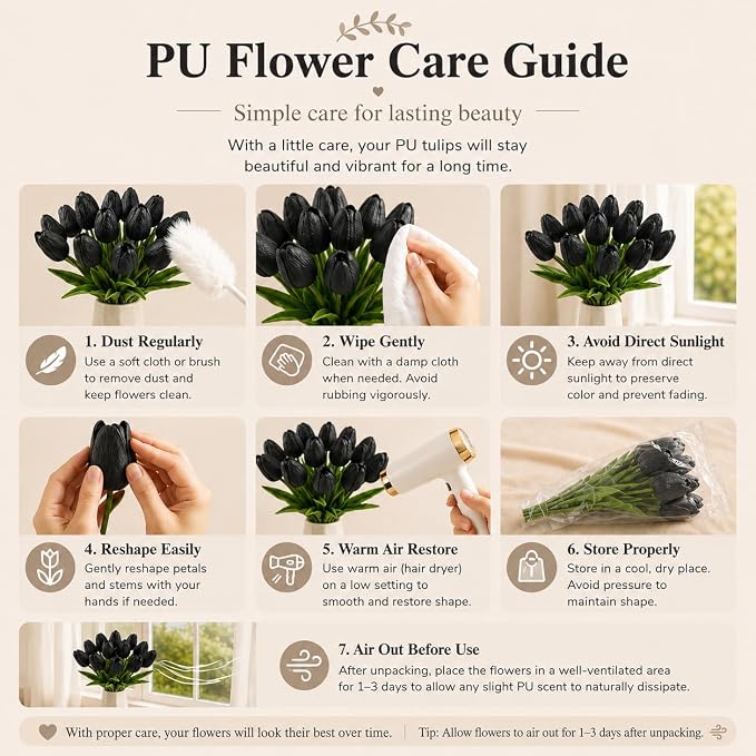 Mandy's 20pcs Artificial Black Tulips | 13.5 Inch Lifelike PU Tulips Faux - Image 6
