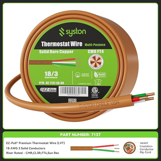 Syston 18/3 Thermostat Doorbell HVAC Heating Control Cable Wire, 100% Solid - Image 2