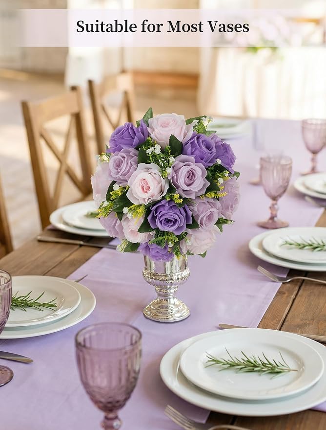 BLOSMON Wedding Rose Centerpieces Tables: Purple Lilac Pink Fake Roses | 10 Pcs - Image 6