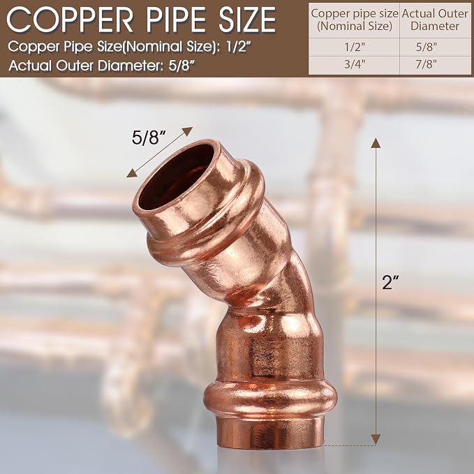 Copper Press Fittings 1/2inch, 12PK Copper Coupling 45 Degree Elbow Coupling | - Image 2