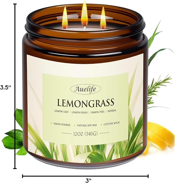 Lemongrass Scented Candle, 3-Wick Jar Candle, 12oz Natural Soy Wax | Indoor & - Image 8