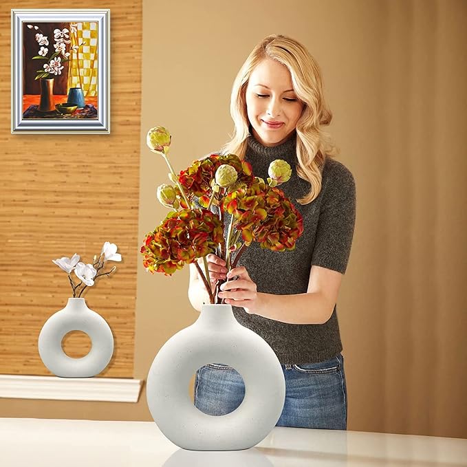White Ceramic Vases- 2 for Modern Home Decor, Round Matte Boho Vase for Decor - Image 3