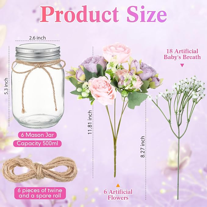 6 Sets Mason Jar Flowers Centerpiece Table Decorations, Artificial Peony Baby's - Image 4