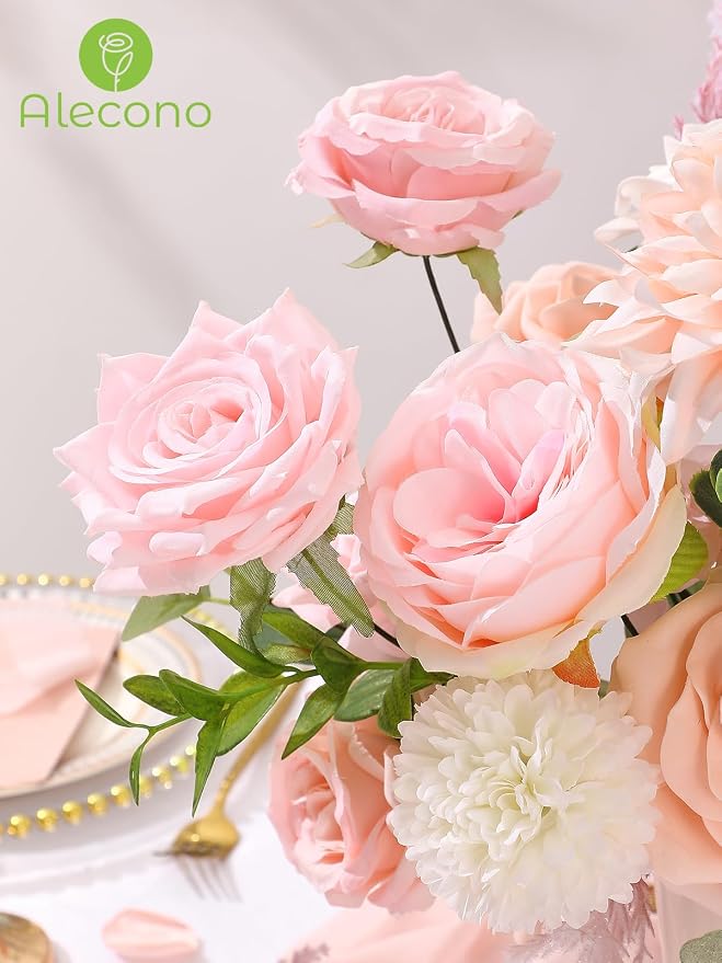 Alecono Light Pink Artificial Flowers, Silk Fake Roses Floral Set | - Image 2