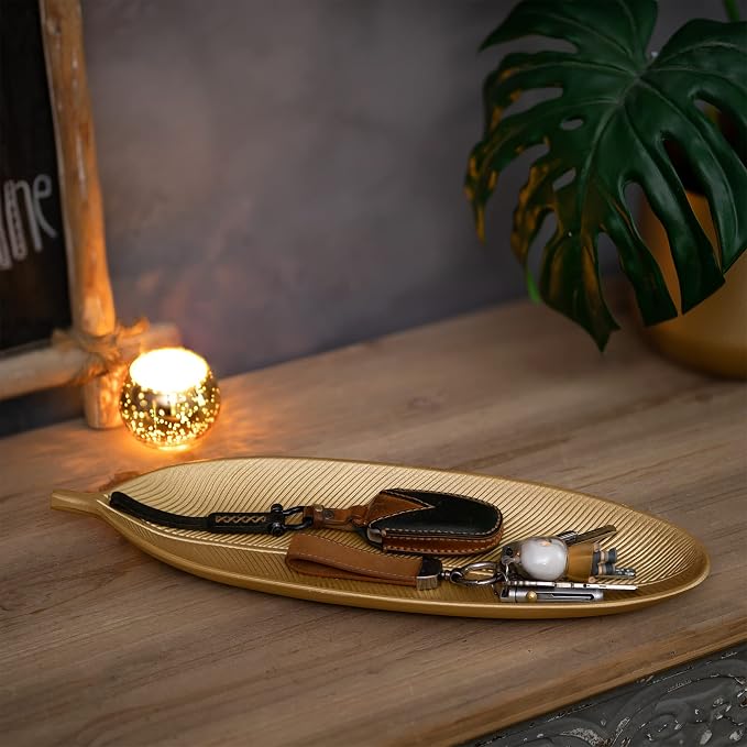 Hanobe Decorative Trays for Home Decor, Leaf Shaped Wood Key Bowl | 16" Gold - Image 3