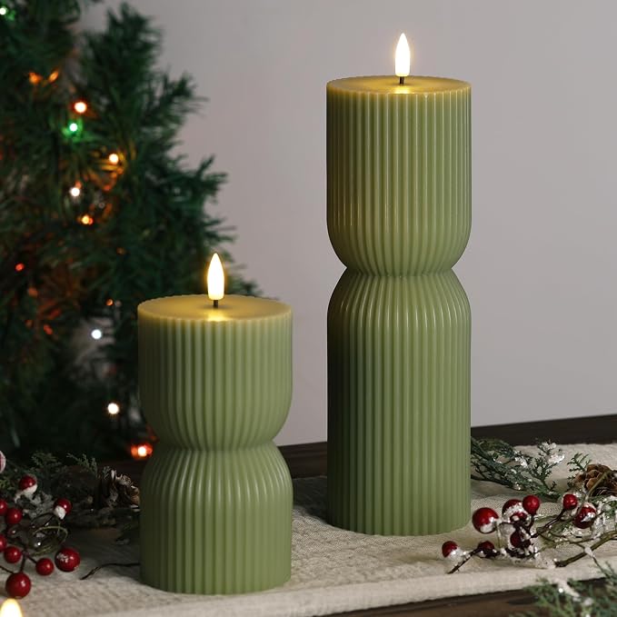 Olive Green Ribbed Flameless Pillar Candles - Image 8