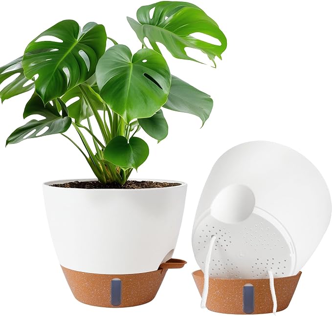 2 Pack 10 inch Plant Pots, Plastic Self Watering Planters | Drainage Holes by Fielda