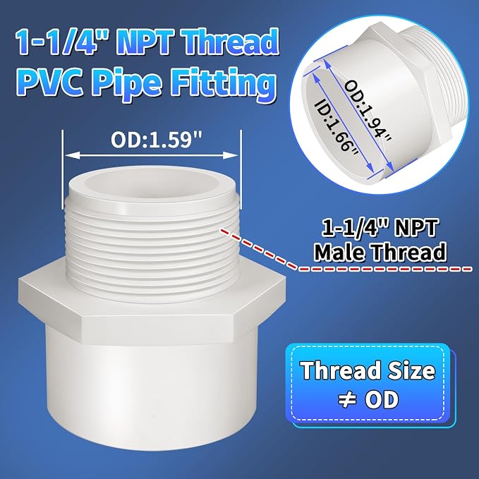 5Pcs White PVC Pipe Fittings, 1-1/4inch NPT Male Thread Pipe Fitting Adapter - Image 2