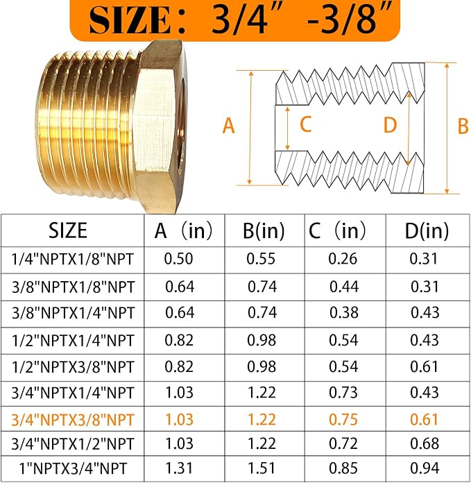 2pcs 3/4" NPT x 3/8" NPT Brass Bushing, 3/4 to 3/8 Adapter Fitting Reducing - Image 2