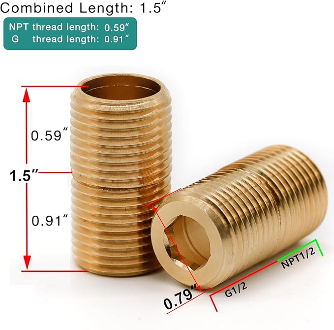 Brass Pipe Adapter Plumbing, G1/2" Male Thread to NPT1/2" Male Pipe Fitting - Image 3