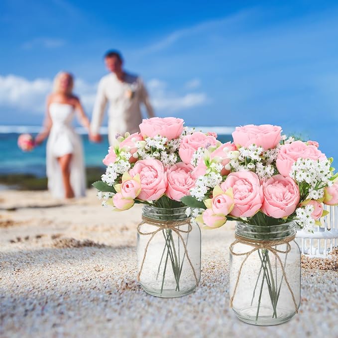 6 Sets Mason Jar Flowers Centerpiece Table Decorations, Light Pink | Faux - Image 7