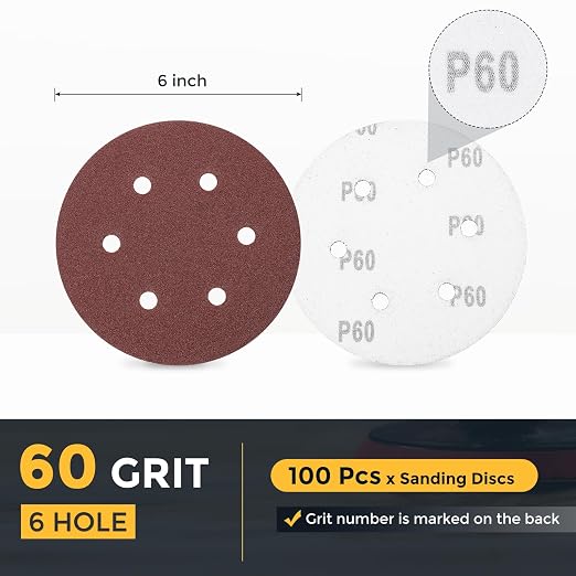 HARFINGTON 100 Pcs 6 Inch Sanding Discs 60 Grit Red Aluminum Oxide 6 Hole | - Image 2