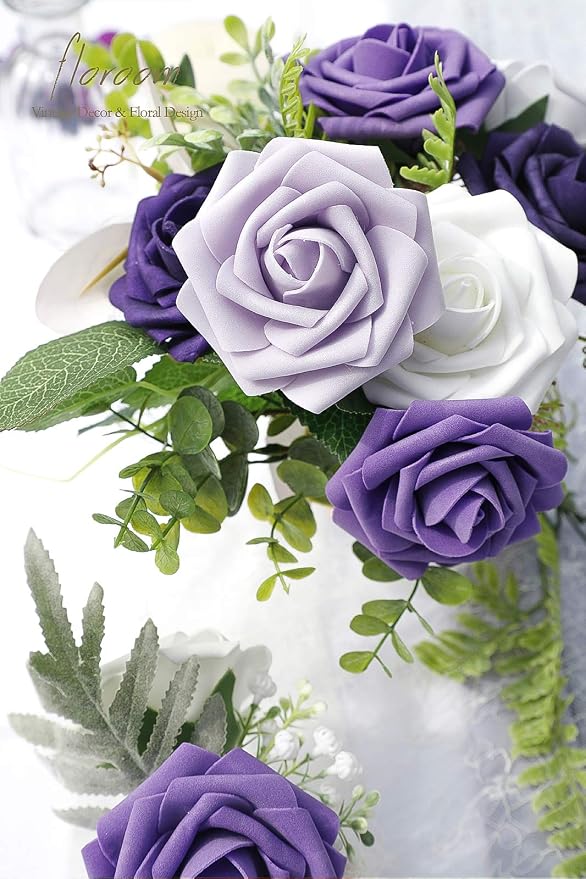 Artificial Flowers 25pcs Real Looking Violet Purple Ombre Colors Foam Fake Roses - Image 5