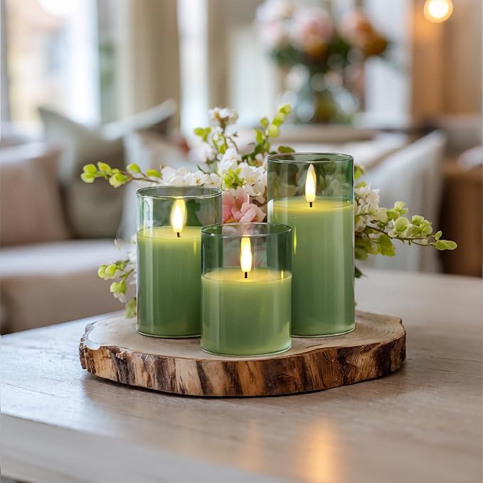 Homemory Sage Green Glass Flameless Candles, Real Wax, Remote Timer, 3 Pack | - Image 6