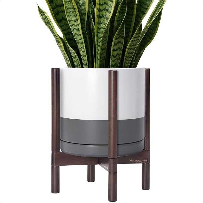 D'vine Dev Ceramic Pot with Walnut Wood Stand, 12 in, 55-B-W-6 | Mid-Century by DvineDevPlanterPotsandStand