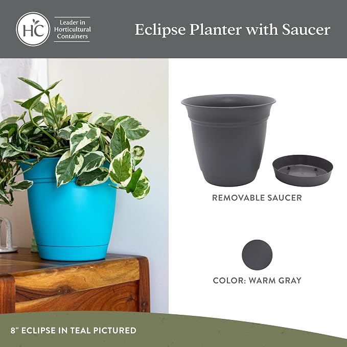 The HC Companies Eclipse Round Planter Pot, 12 Inch, Warm Gray, Attached Saucer - Image 2