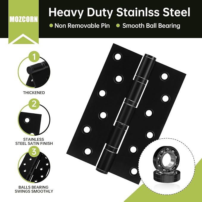 3 Pack Black Door Hinges 6 Inches Ball Bearing Hinges Heavy Duty Stainless - Image 3