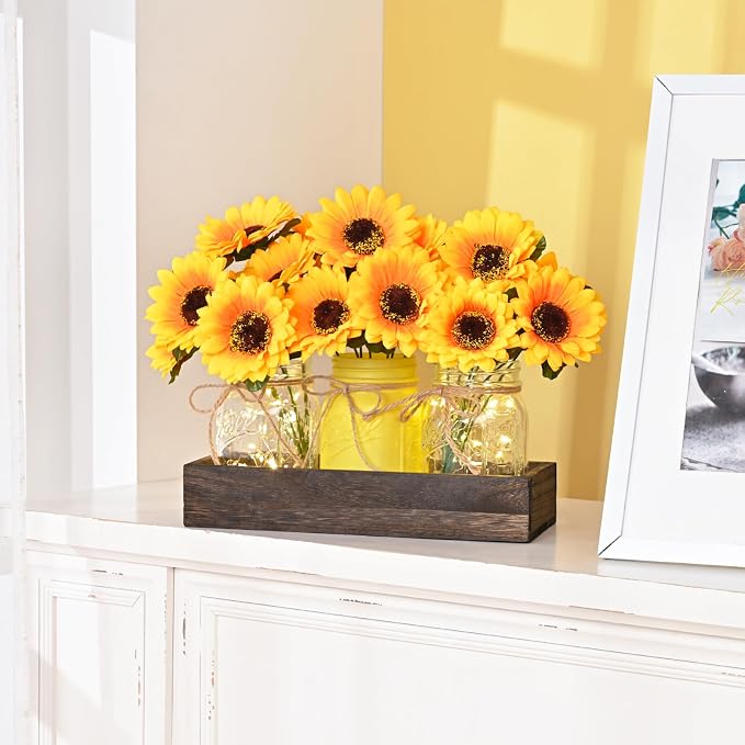 BLEUM CADE 3Pcs Mason Jar with Artificial Flowers Wood Tray and Light | - Image 7