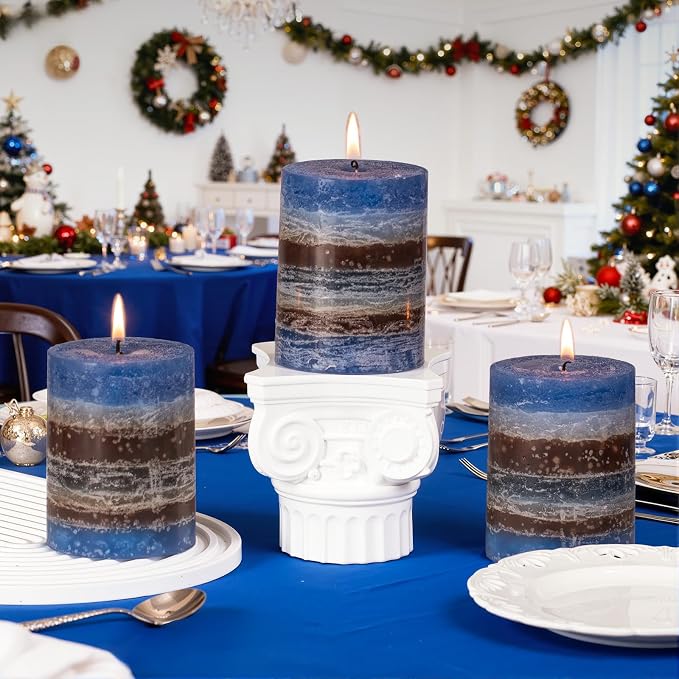 KONNI Layered Pillar Candles Set of 3, 2.8"x 4" Table Decor Blue Coffee | - Image 4