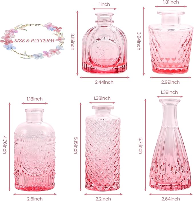 UPBUD Pink Glass Bud Vases Set of 5, Mini Flower Vase - Image 8
