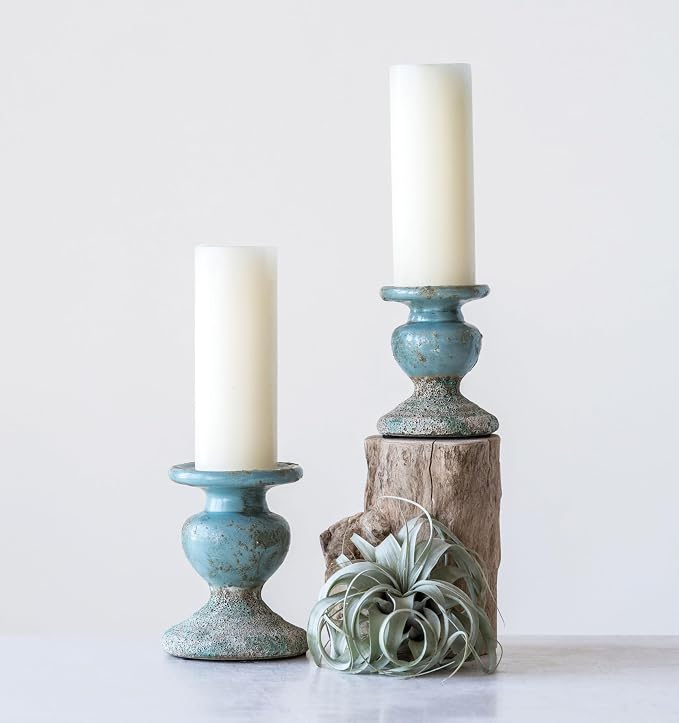 Creative Co-Op Large Distressed Blue Terracotta Pillar Candle Holder, 5.5" W x - Image 3