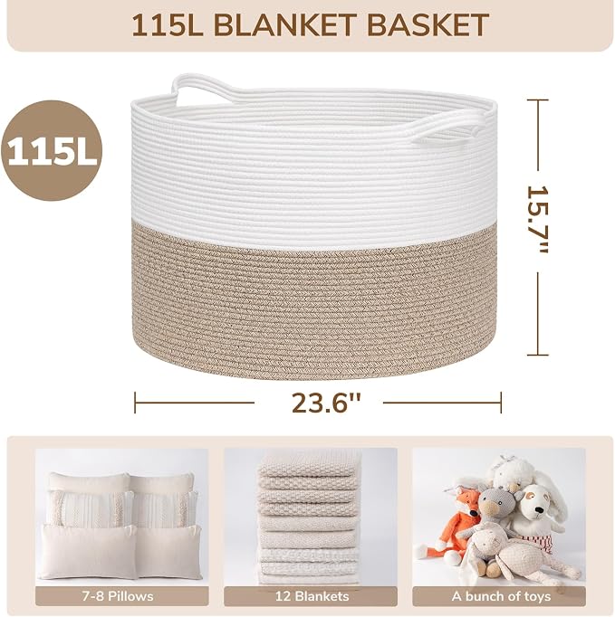 INDRESSME 115L Extra Large Woven Rope Blanket Basket Living Room LightBrown | - Image 2