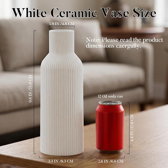 Large White Tall Ceramic Vase, Modern Matte Vertical Ribbed, Nordic Minimalist - Image 4