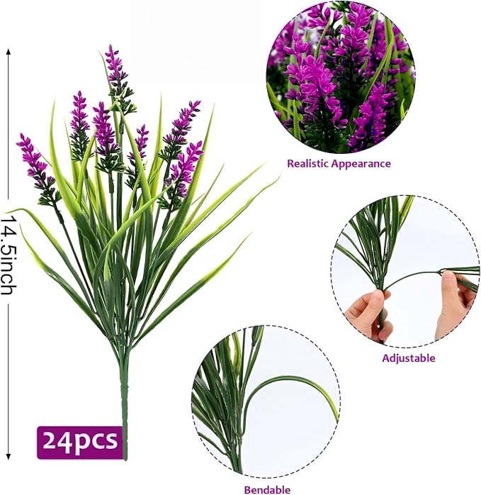 Geegoods 24 Bundles Artificial Lavender Flowers Outdoor, Fuchsia | UV Resistant - Image 3