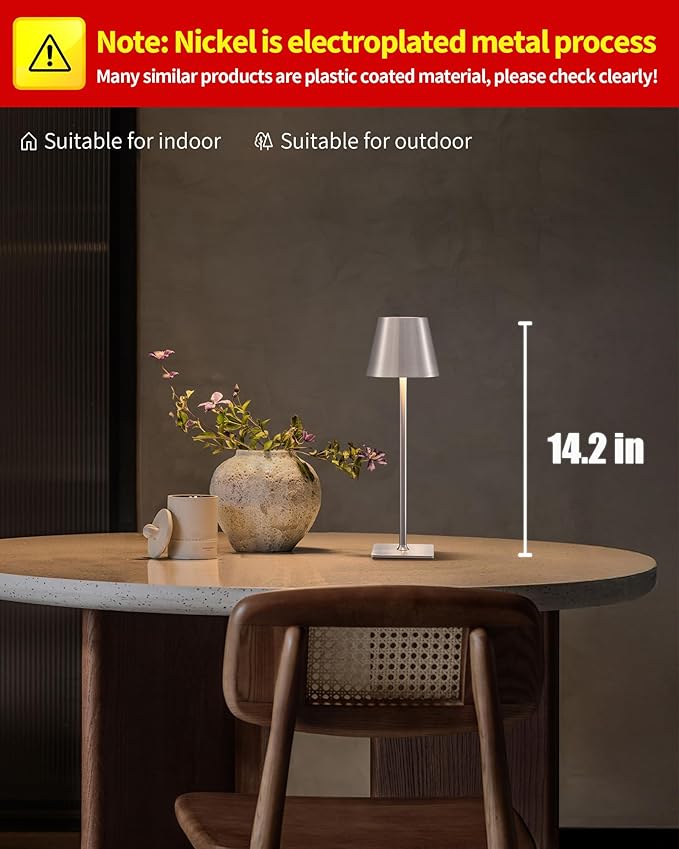 KDG 2 Pack Cordless Brushed Nickel Table Lamps, Portable LED Desk Lamp | - Image 2