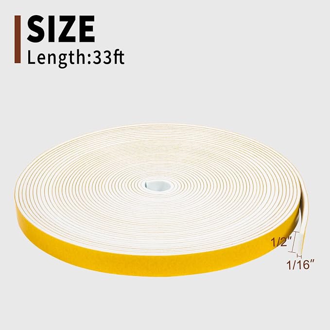 Yotache White Thin Weather Stripping 1/2" x1/16, 33 Ft | Foam Gasket Seal Tape - Image 4