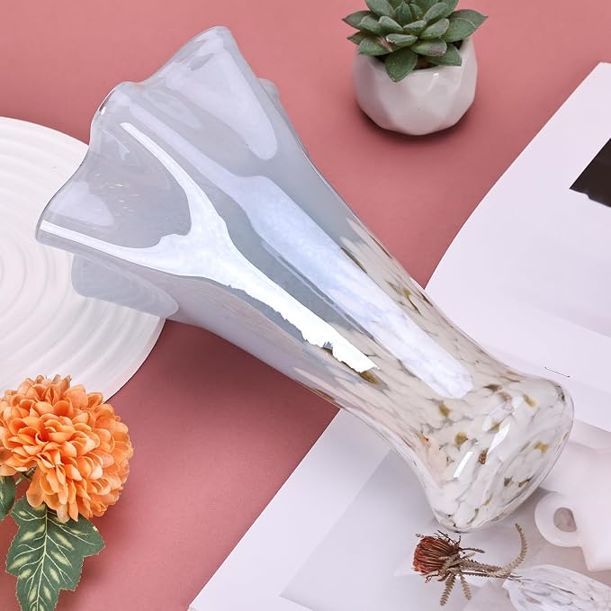 9.0" H Blue White Glass Vases for Flower, Unique Hand Blown Glass Vase | Wide - Image 3