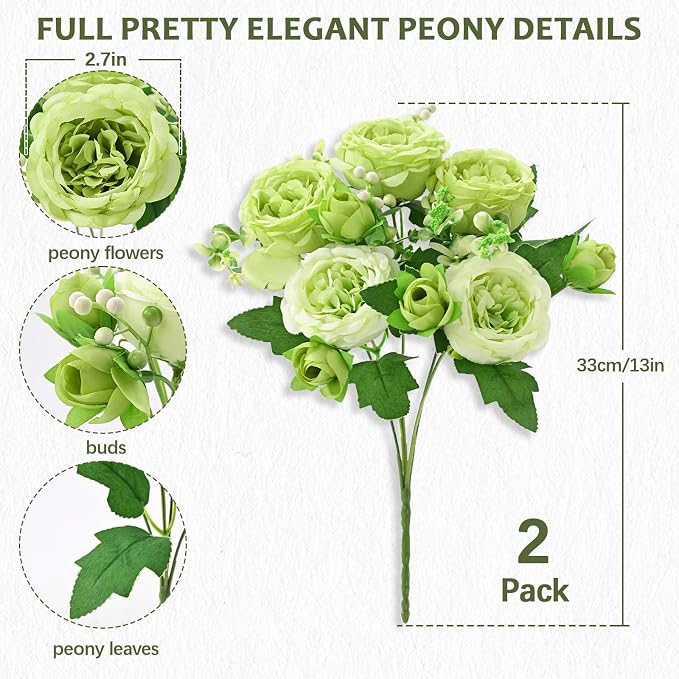 4 Packs Peonies Artificial Flowers, Mixed Green Silk Artificial Peonies | Fake - Image 4