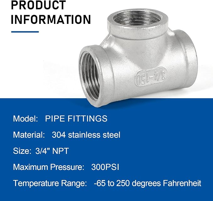 4PCS Pipe Fittings 304 Stainless Steel Tee Pipe Fittings 3/4" x 3/4" x 3/4" NPT - Image 3