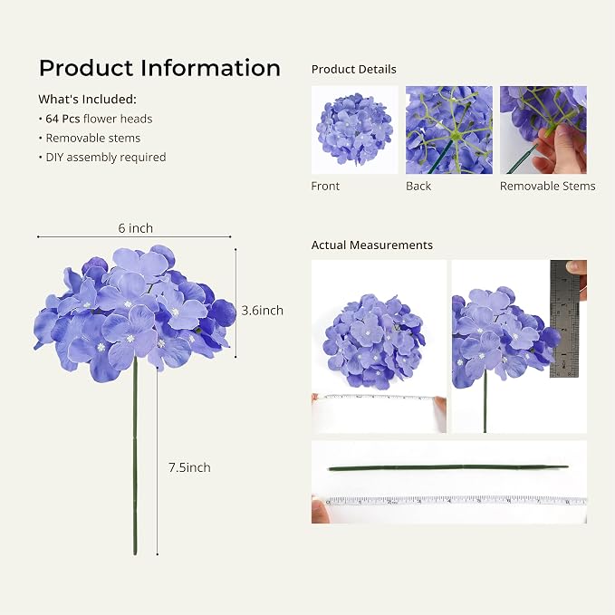 Auihiay 64Pcs Purple Hydrangea Artificial Flowers, Faux Hydrangea Flowers | - Image 3