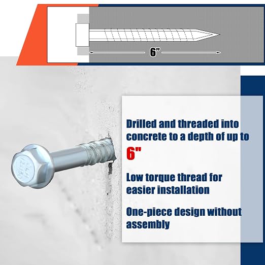 Tandefio 40 Pack 1/2" x 6" Concrete Screw Anchor Galvanized Large Diameter - Image 5