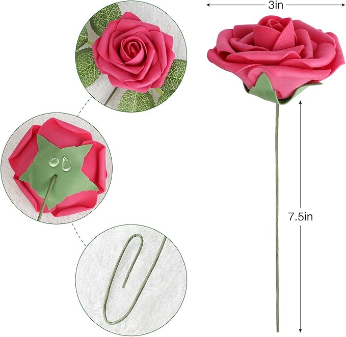 AmyHomie Seriesa Red Rose 100pcs Real Looking Artificial Flowers w/Stem | - Image 2