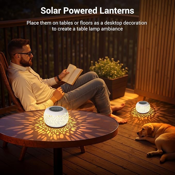 Solar Lanterns Outdoor Waterproof Lights: 2Pack White Hollow Out Metal Table - Image 4