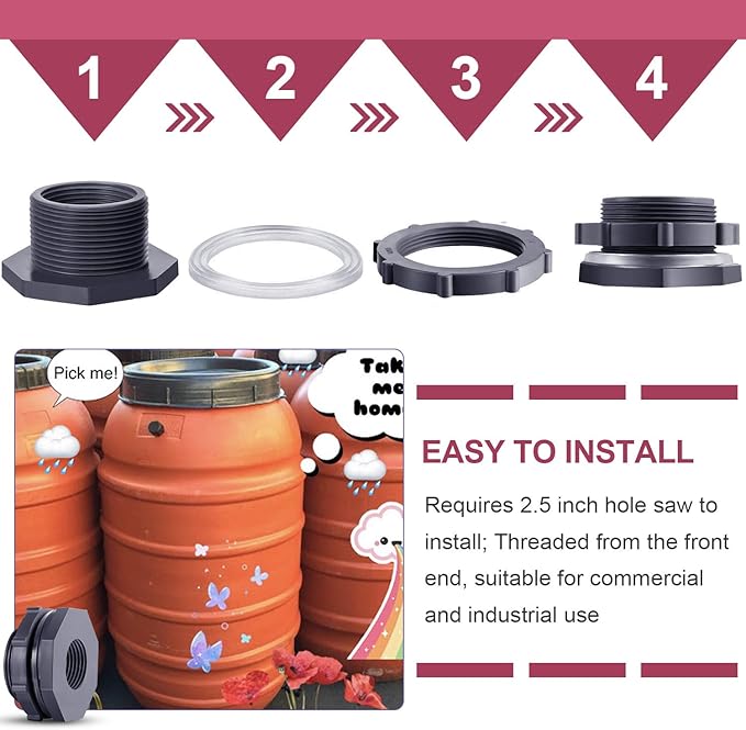 Outus 2 Pieces 1.5 Inch PVC Bulkhead Fitting, Rain Barrel Tank Adapter | - Image 3
