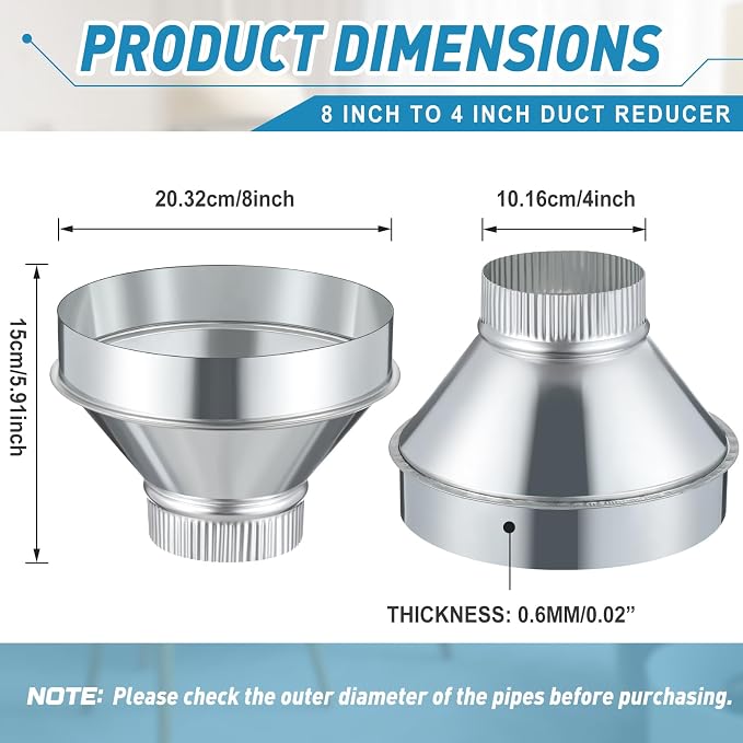 1 Pcs 8 Inch to 4 Inch Duct Reducer Increaser | Galvanized Steel Air Duct - Image 2