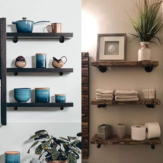 Pipe Shelf Brackets 8 Inch, Industrial Black Metal Wall Pipe Floating Shelf - Image 5