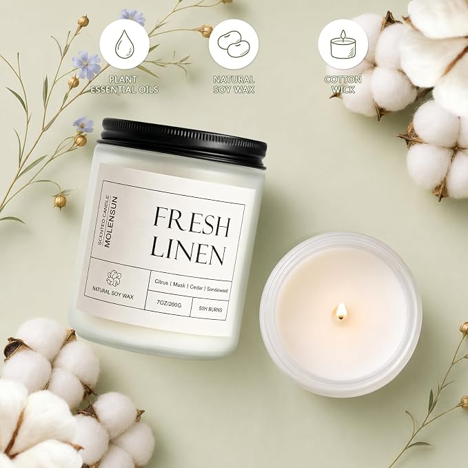 Molensun Fresh Linen Scented Candle, 7 oz Soy Wax Candle - Image 3