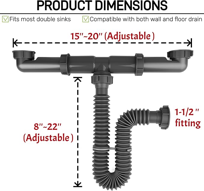 1-1/2" Double Bowl Kitchen Sink Drain Pipe Kit, Center Outlet Waste, - Image 2