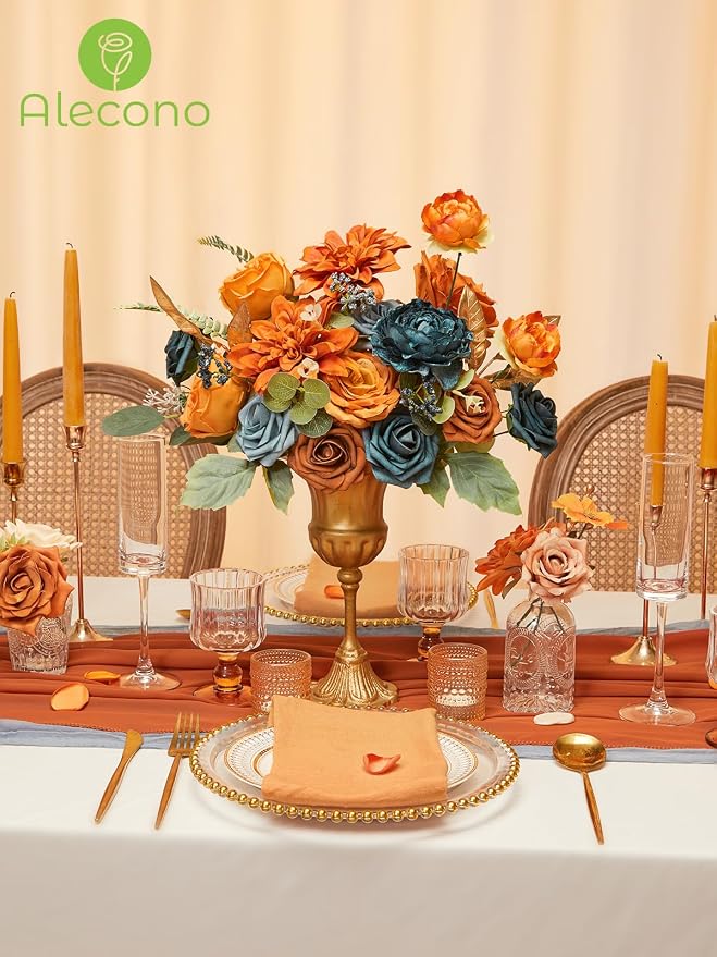 Alecono Orange and Teal Artificial Flowers, Silk Fake Floral Set | - Image 7