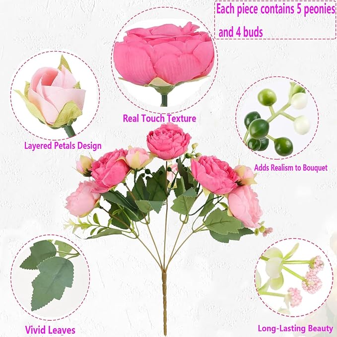 peonies artificial flowers 12 Bundles pink flowers bouquet, Lifelike Silk Fake - Image 4