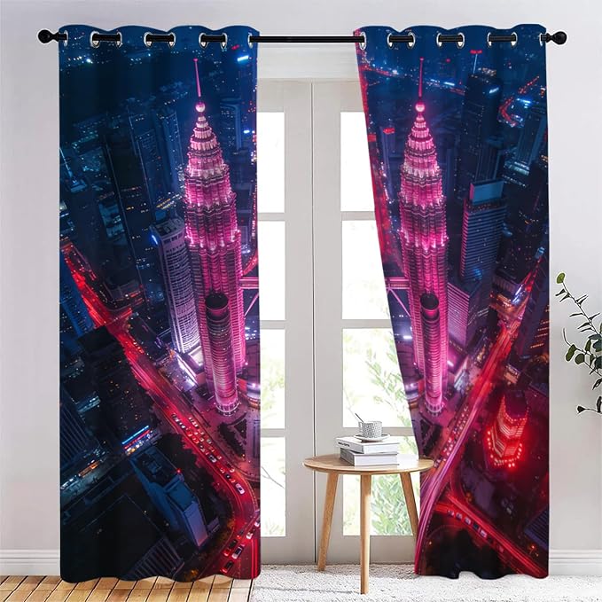 Night View of the Twin Towers Curtains 2 Panels by Unknown