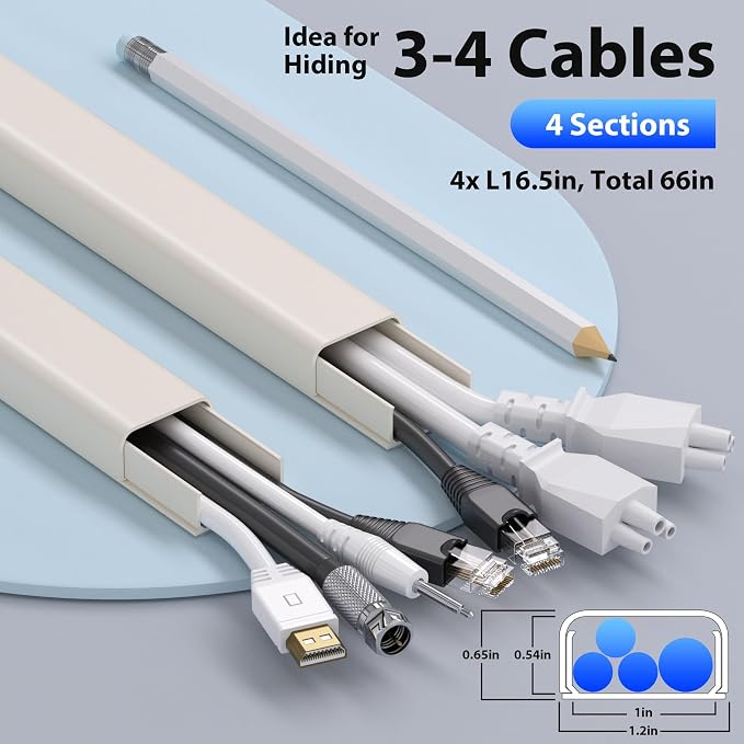 ZhiYo 66" Cord Covers for Wires on Wall, 1.2" W x 0.7" H | Fits 3-4 Cords - Image 2
