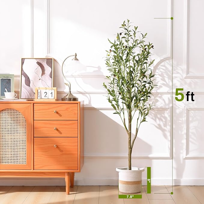 5FT Artificial Olive Tree with Basket, Realistic Wood Trunk | Indoor Faux Olive - Image 2