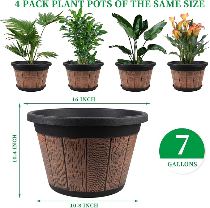 4 Pack 16 inch Plant Pots, Whiskey Barrel Planters - Image 4