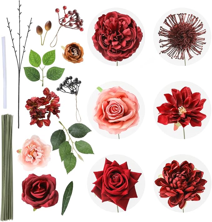 Artificial Flowers Combo Burgundy Flowers Mix Silk Flowers Dahlia Roses - Image 8